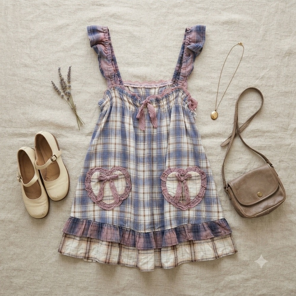 Out From Under Babydoll Dress S Blue Plaid Heart Pocket Coquette Cottagecore